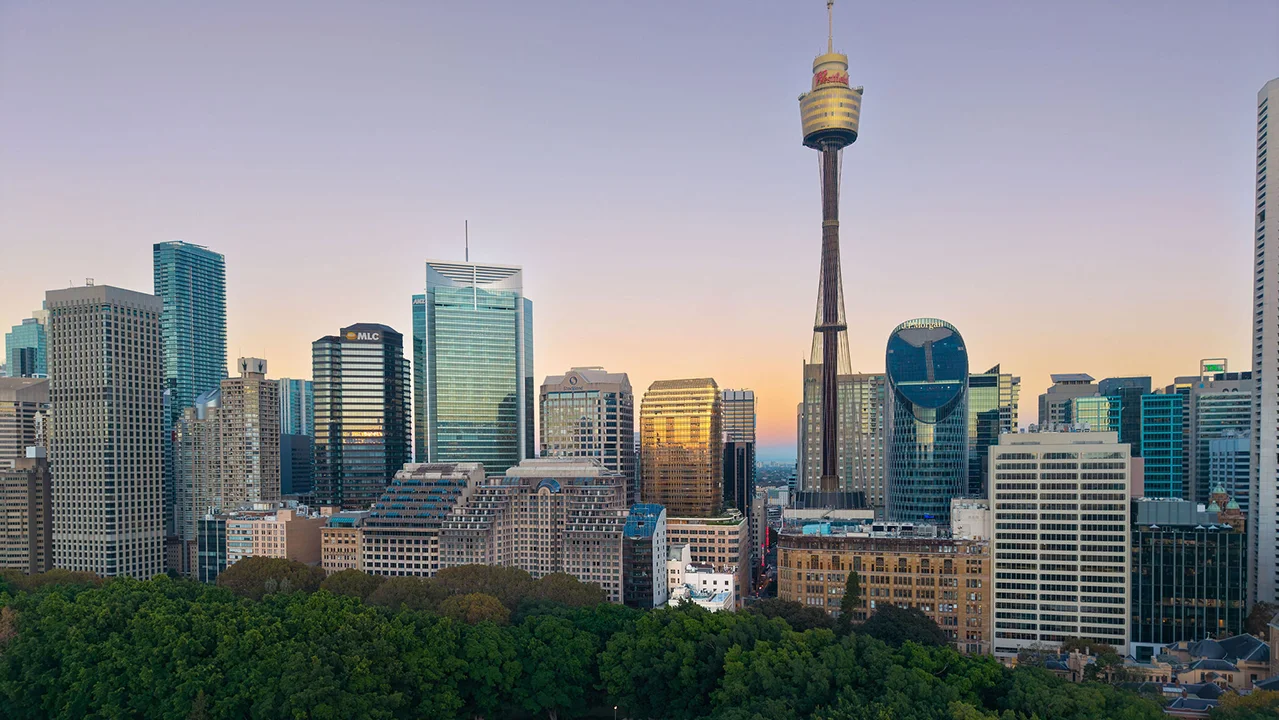 Buildings on Sydney skyline at sunset